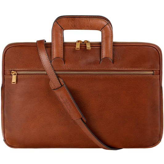 Time Resistance Slim Leather Briefcase - Italian Handmade Leather Laptop Bag for Men and Women (Cognac Brown)