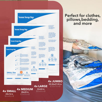 Vacuum Storage Bags with Electric Air Pump 16 Combo (4 Jumbo/4 Large/4 Medium/4 Small), Plastic Packaging Bags,Travel Vacuum Bags For Luggage,Clothes, Pillows, Comforters, Blankets, Bedding