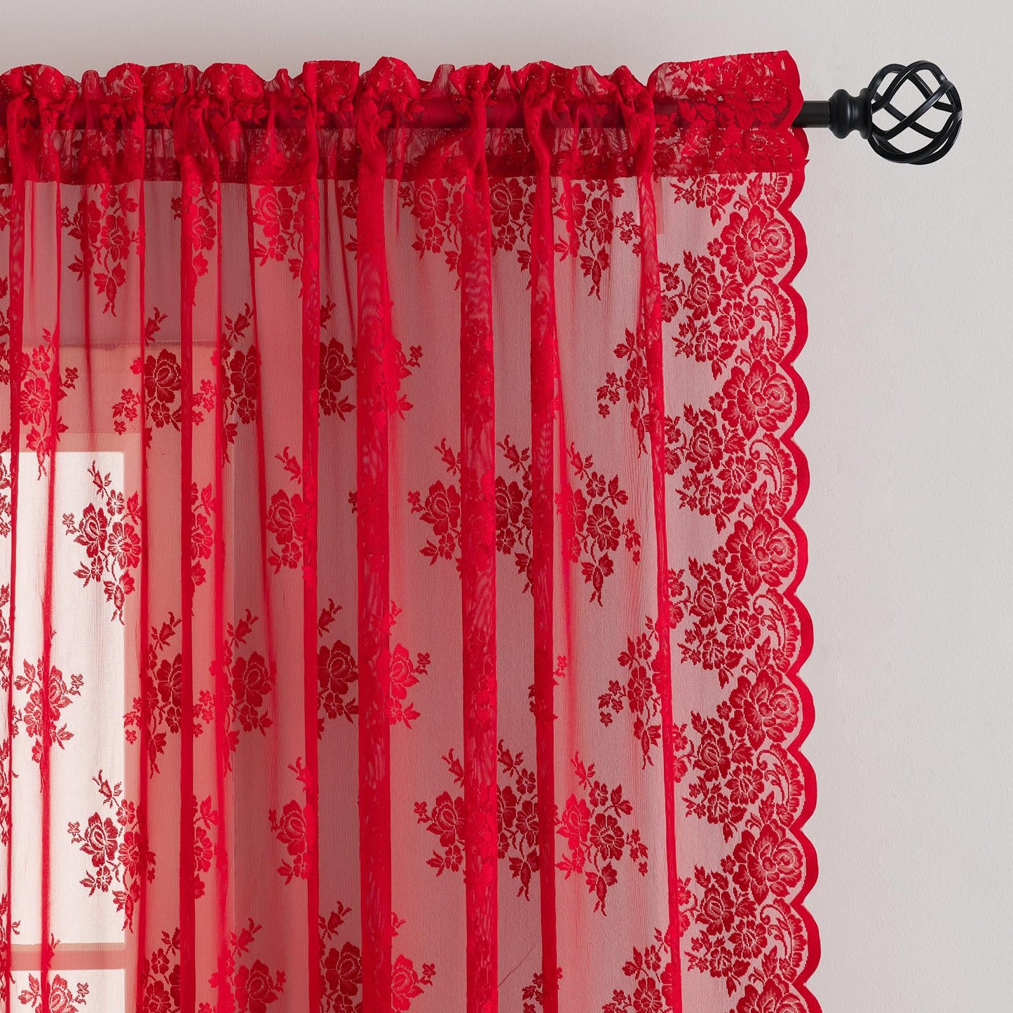 Kotile Red Sheer Lace Curtains 96 Inches Long, W52 x L96 Inch, 2 Panels Country Rustic Floral Red Lace Curtains for Living Room, Rod Pocket Privacy Light Filtering Christmas Sheer Window Curtain