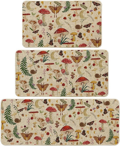 Artoid Mode Mushrooms Butterfly Spring Kitchen Mats Set of 3, Home Decor Low-Profile Kitchen Rugs for Floor - 17"x29"+17"x36"+17"x47"