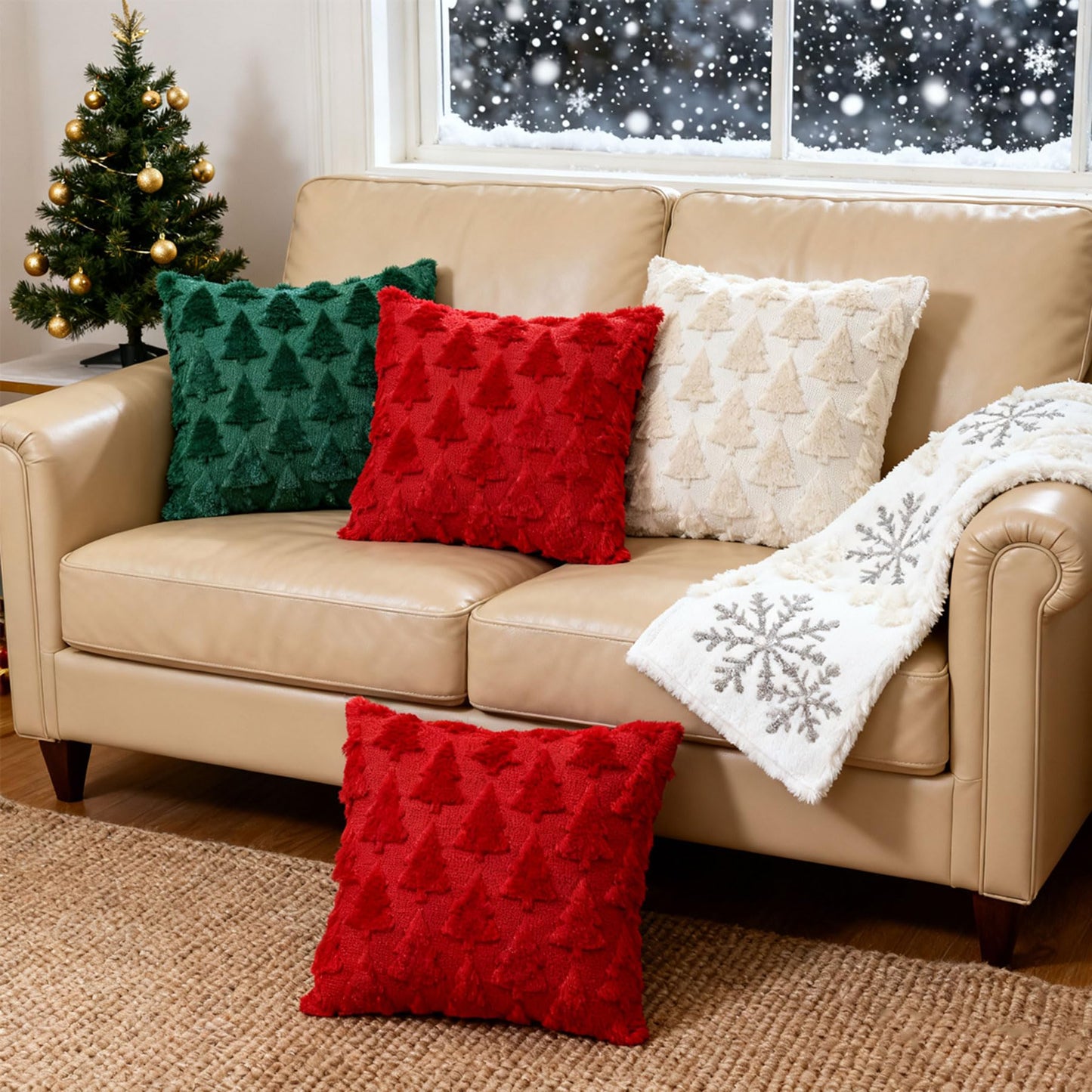 Octisys 3-Pack Christmas Tree Pillow Covers 18x18 Inch - Xmas Throw Pillow Cover Decorations - Soft Plush Cushion Case for Christmas Sofa Couch Bed Room Decoration - Winter Holiday Home Decor