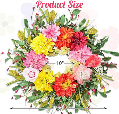 24" Dahlia Spring Summer Wreath with Rose, Peony and Green Leaves, Colorful Artificial Flower Wreath for Front Door Home Wall Wedding Farmhouse Holiday Outdoor Indoor Décor