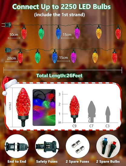 50 Count C9 Christmas Lights Outdoor, 26FT Diamond-Cut Multicolor LED String Lights, Connectable Green Wire Vintage Christmas Lights for House, Roofline, Trees, Garden & Christmas Outdoor Decorations