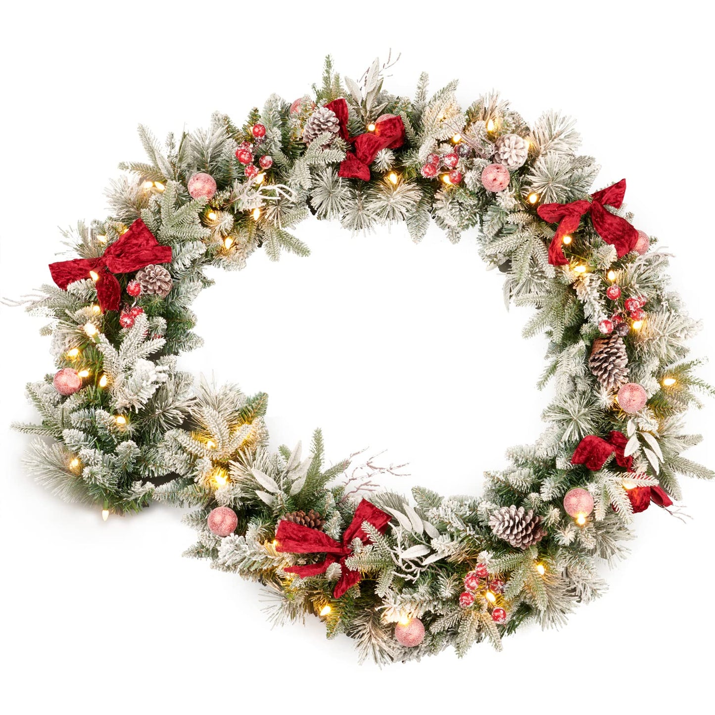 AMERZEST 9FT Pre-lit Flocked Snow Christmas Garland, Berries and Bows and 50 Lights, Plug in, Holiday Decoration Fireplace Stairs Mantle Door Indoor Outdoor