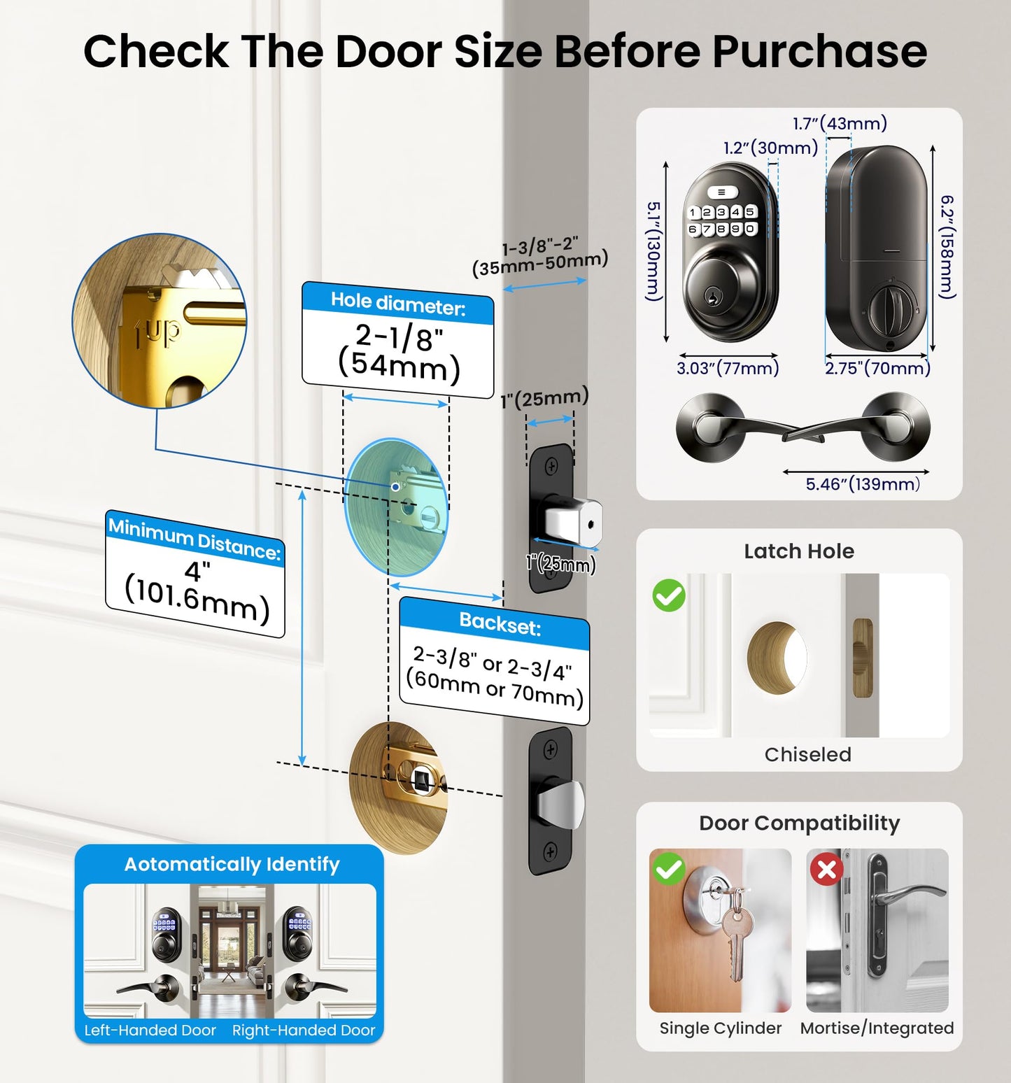 Veise Keyless Entry Door Lock with 2 Lever Handles - Electronic Keypad Deadbolt, Auto Lock, Back Lit & Easy Installation Design, Front Door Handle Sets, Satin Nickel