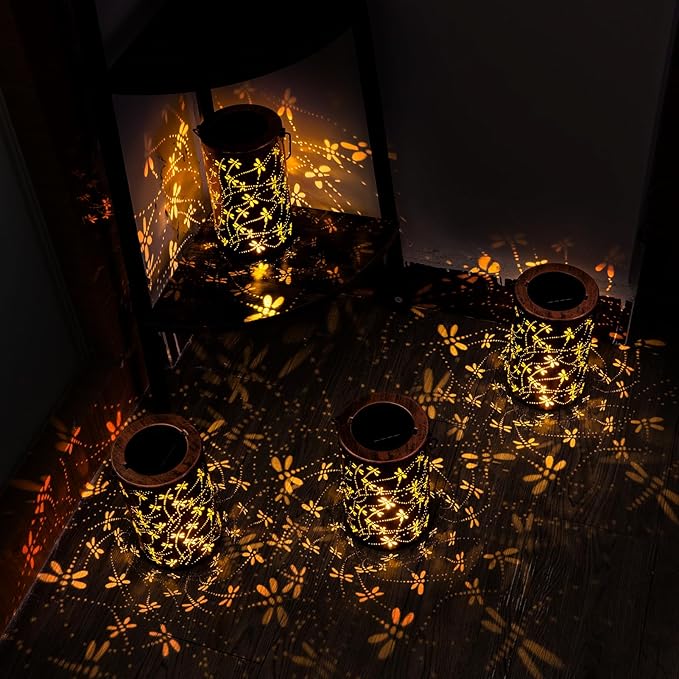Boho Solar Lanterns Outdoor Birthday Gifts for Women Mom Grandma Metal Hanging Solar Powered Unique Garden Decorative LED Lights for Outside Yard Patio (Dragonfly)