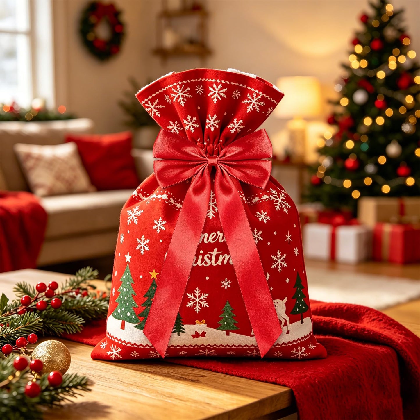 50Pcs Red Satin Bows for Christmas Tree, 4 x 8 inch Xmas Ornaments with Pre-Made Twist Ties & Self-Adhesive, for Tree Cabinet Front Door Wreath Holiday Home Decor