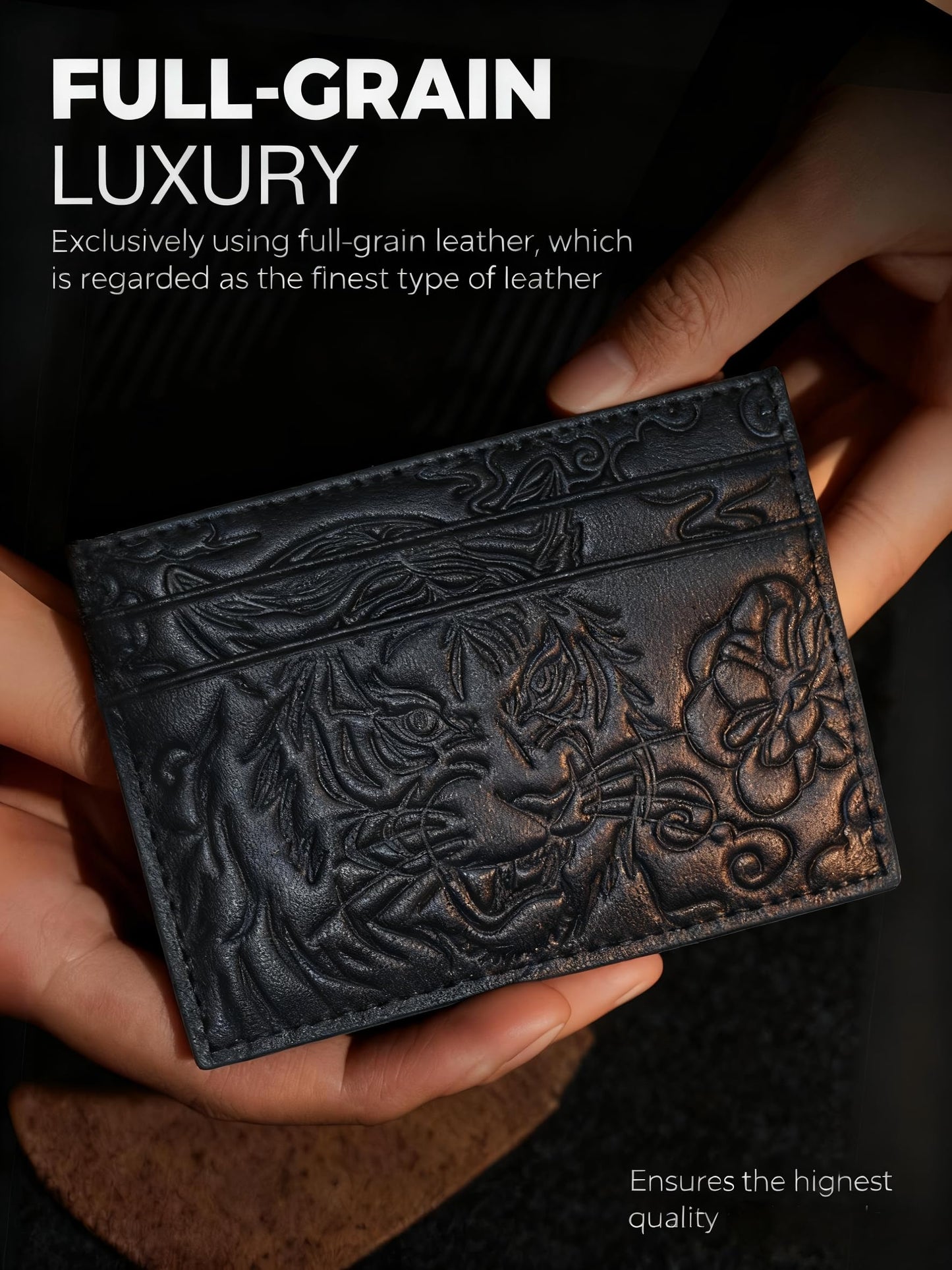 Avery's Boutique Genuine Leather Slim Card Holder – Minimalist Unisex Wallet with Elegant Embossed Pattern, RFID Blocking Card Holder for Men & Women (Le Tigre, Noir)