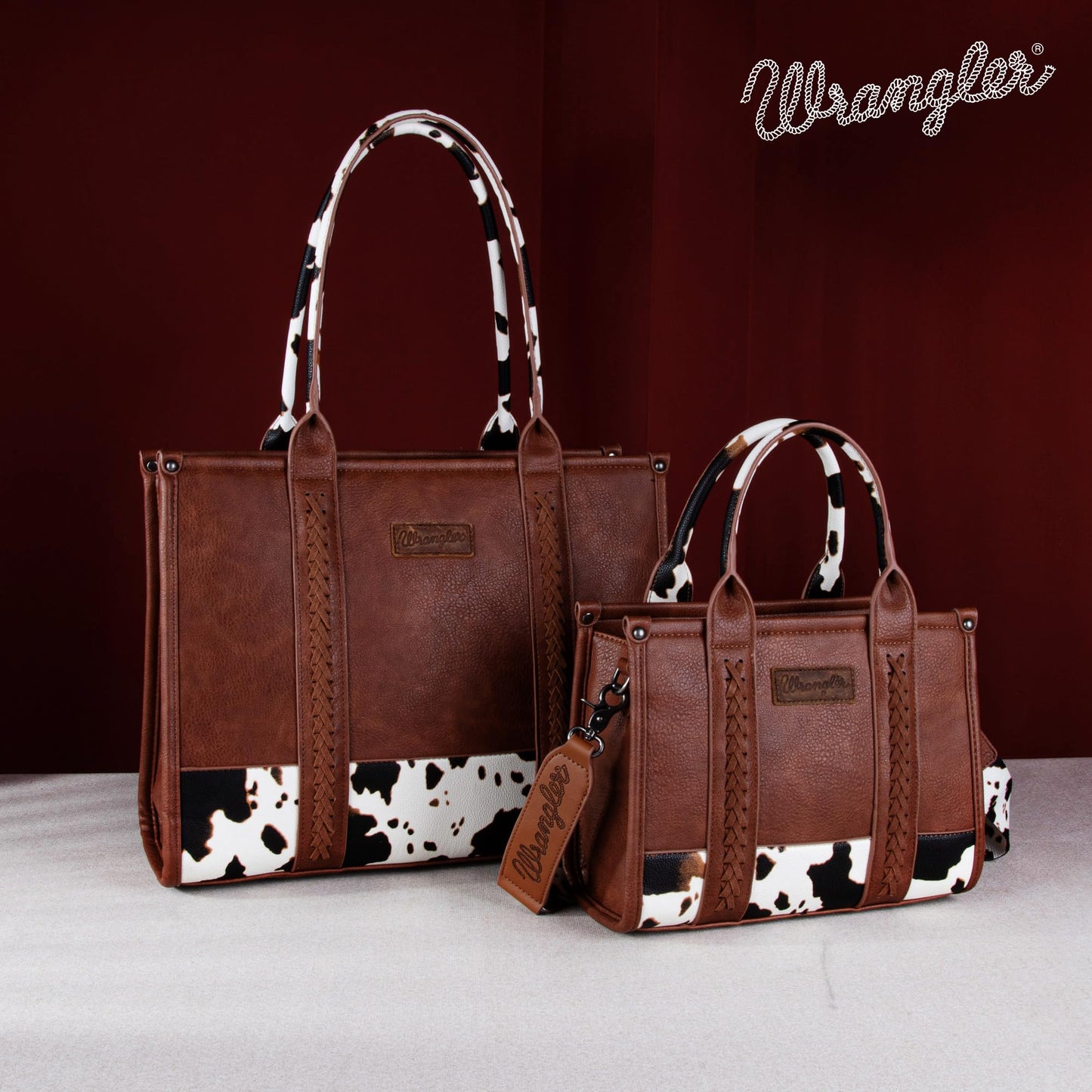 Montana West × Wrangler Vintage Satchel Tote Handbag Western Cow Print Purse for Women Top Handle Large Work Tote Bag WG-HB-102G-8119-BR