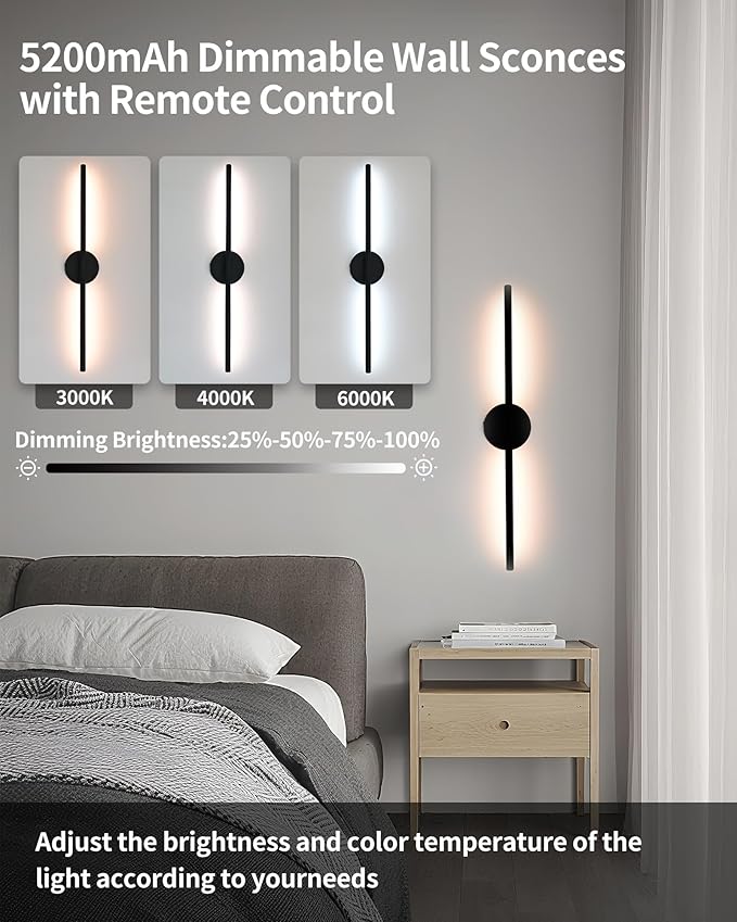 Wireless Wall Sconces Set of 2 Linear，20Inch Battery Operated Wall Lights with Remote Control，360°Rotate Dimmable Wall Lamps for Living Room, Bedroom and Hallway (Black)