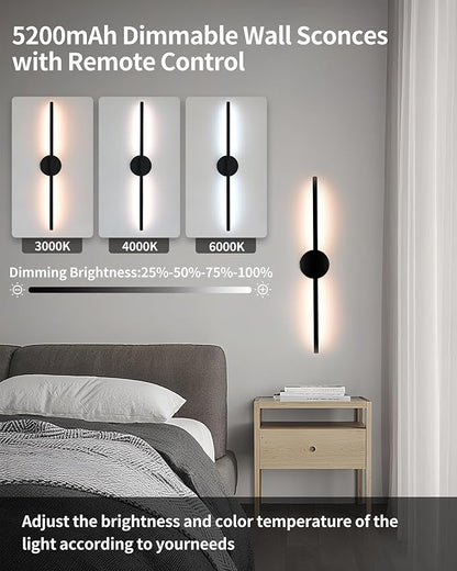 Wireless Wall Sconces Set of 2 Led，28Inch Battery Operated Wall Lights with Remote Control，360°Rotate Dimmable Wall Lamps for Living Room, Bedroom and Hallway (Black)