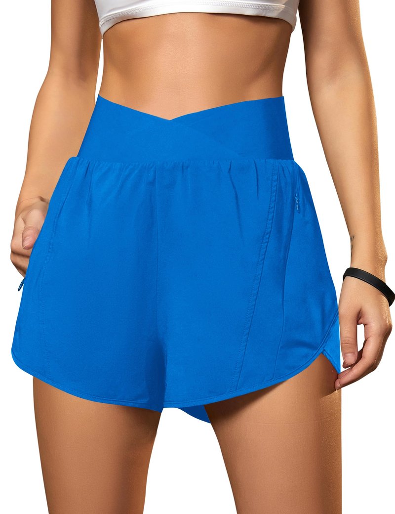 Blooming Jelly Women's Workout Shorts Athletic Running Crossover High Waisted Gym Sport Yoga Shorts with Zipper Pockets (Blue,Small)