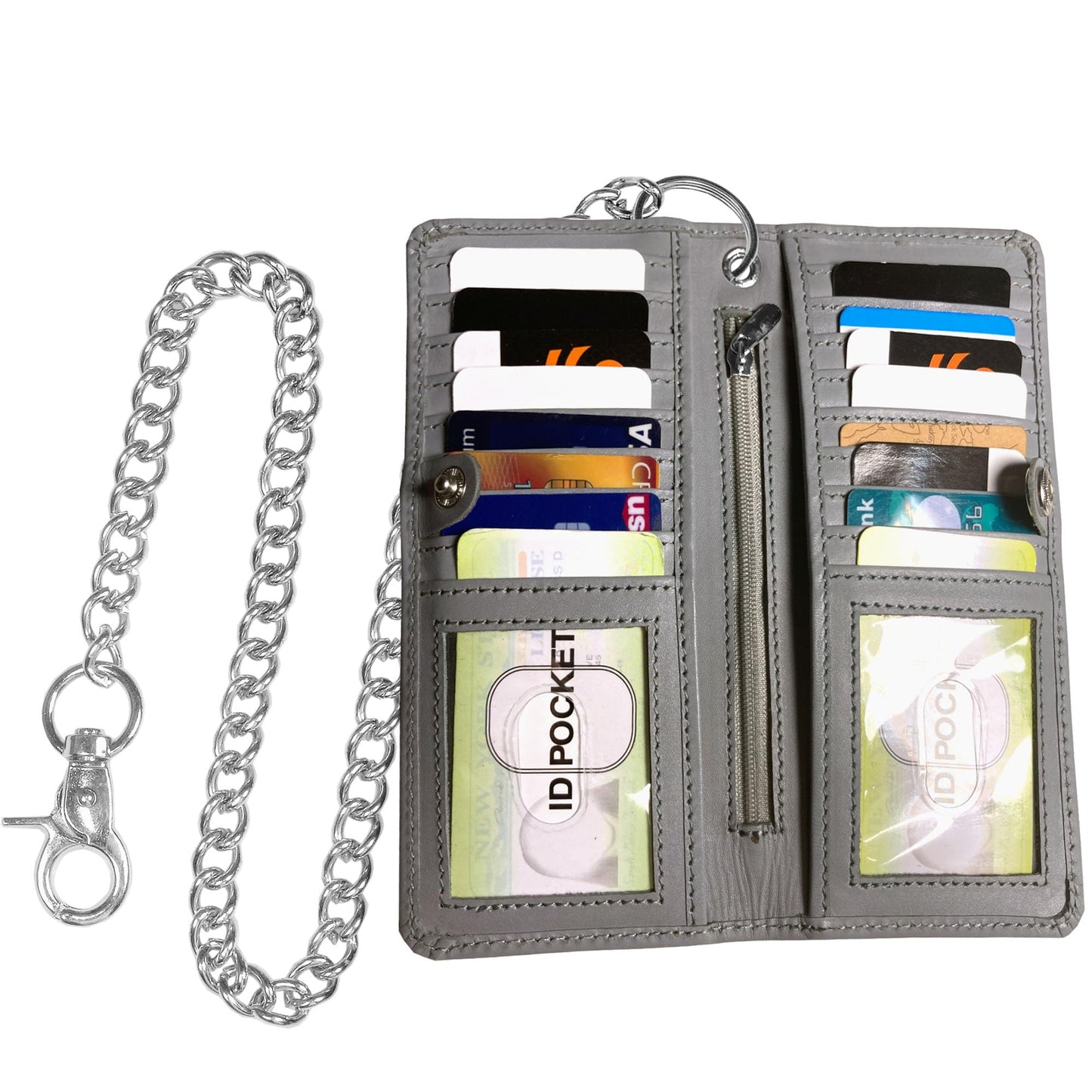 CLASSIC Motorcycle Chain Wallet for Men – Premium Cowhide Leather, RFID Bi-Fold Biker Wallet with Heavy Duty Chain for Bikers Truckers & Hunters, Credit Card Money Organizer Long Wallet Aniline Grey