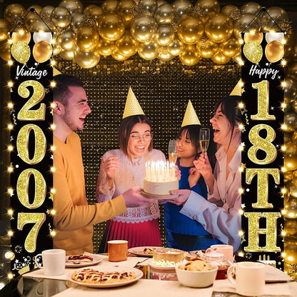 18th Birthday Party Banner Lighted Decorations for Men and Women - Black Gold Vintage 2007 18th Birthday Door Banners with LED Light, Eighteen Years Birthday Party Supplies for Indoor Outdoor Decor