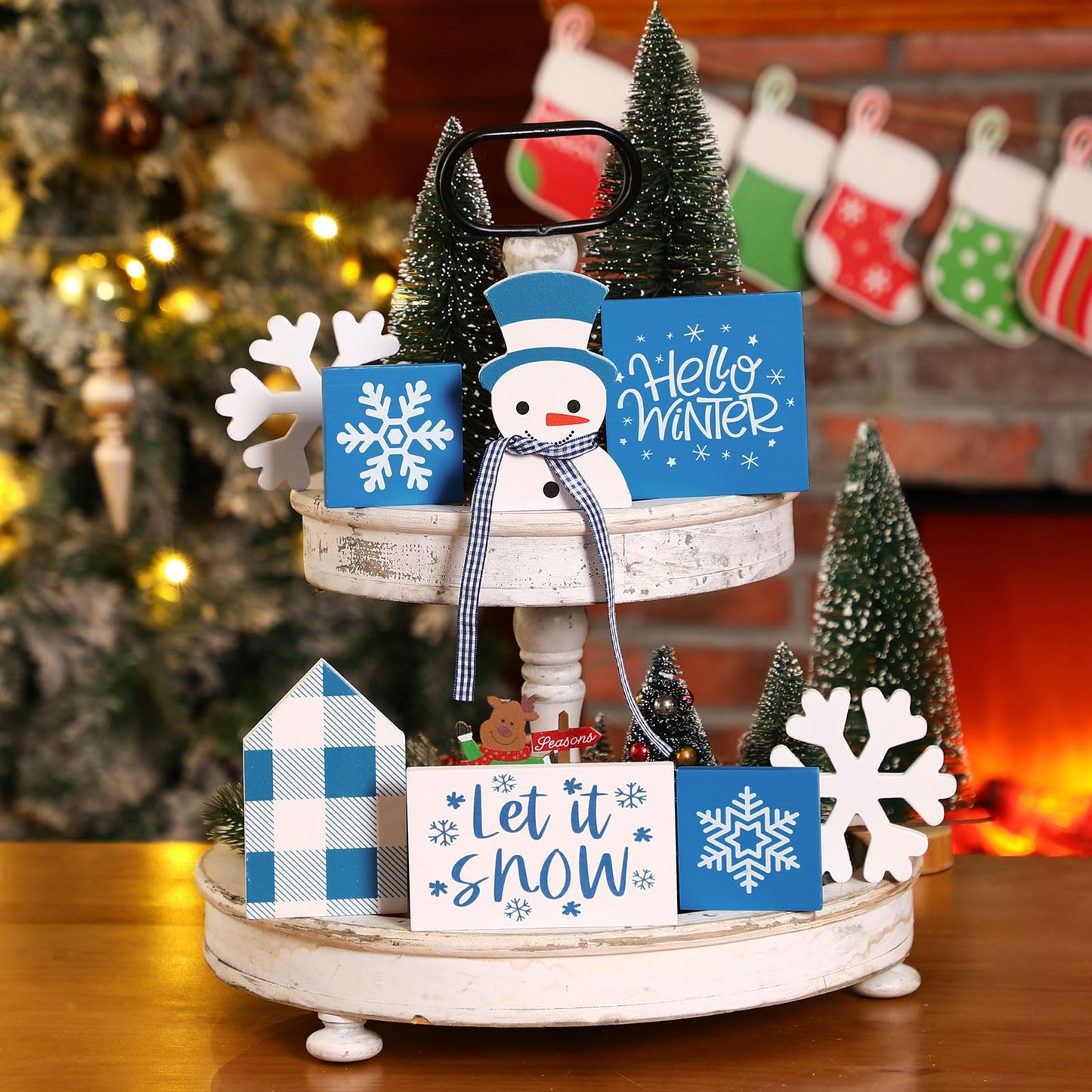 Sawysine 8 Pieces Winter Tiered Tray Decor, Let It Snow Sign Decor Farmhouse Snowflake Wooden Signs for Holiday Shelf Kitchen Coffee Bar(Dark Blue, White)
