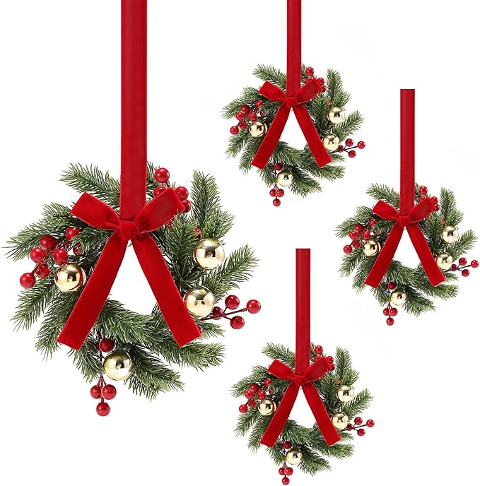 4PCS 9''Mini Wreaths for Cabinets with Ribbon Bows Red Berry Gold Ball, Small Wreath Hanging for Xmas Wall Farmhouse Window Door