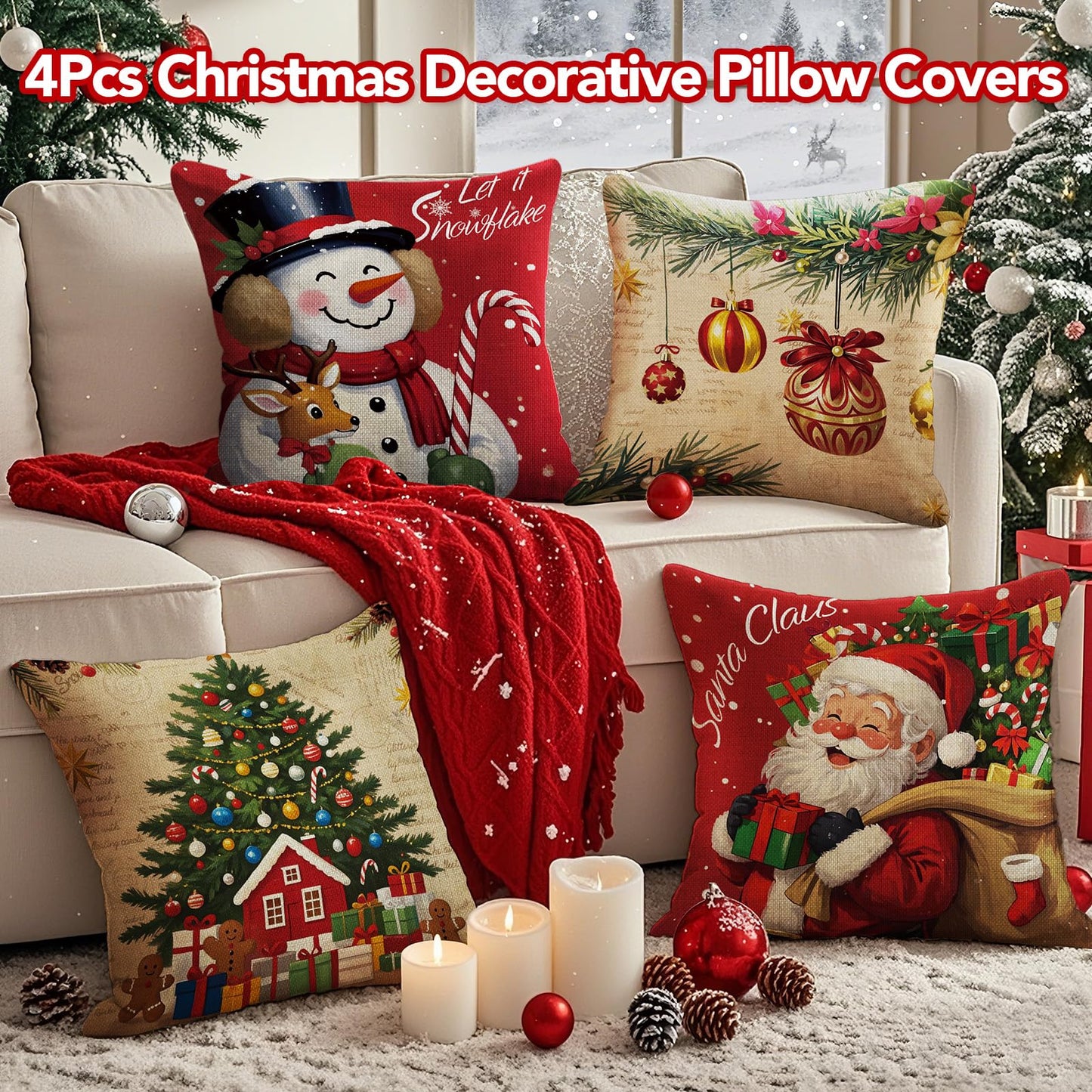 UPOFFICIS Christmas Pillow Covers 18x18 inch Set of 4, Christmas Decorations Cushion Covers, Xmas Pillow Covers, Pillowcases Throw Pillow Covers for Sofa Couch Home Decor