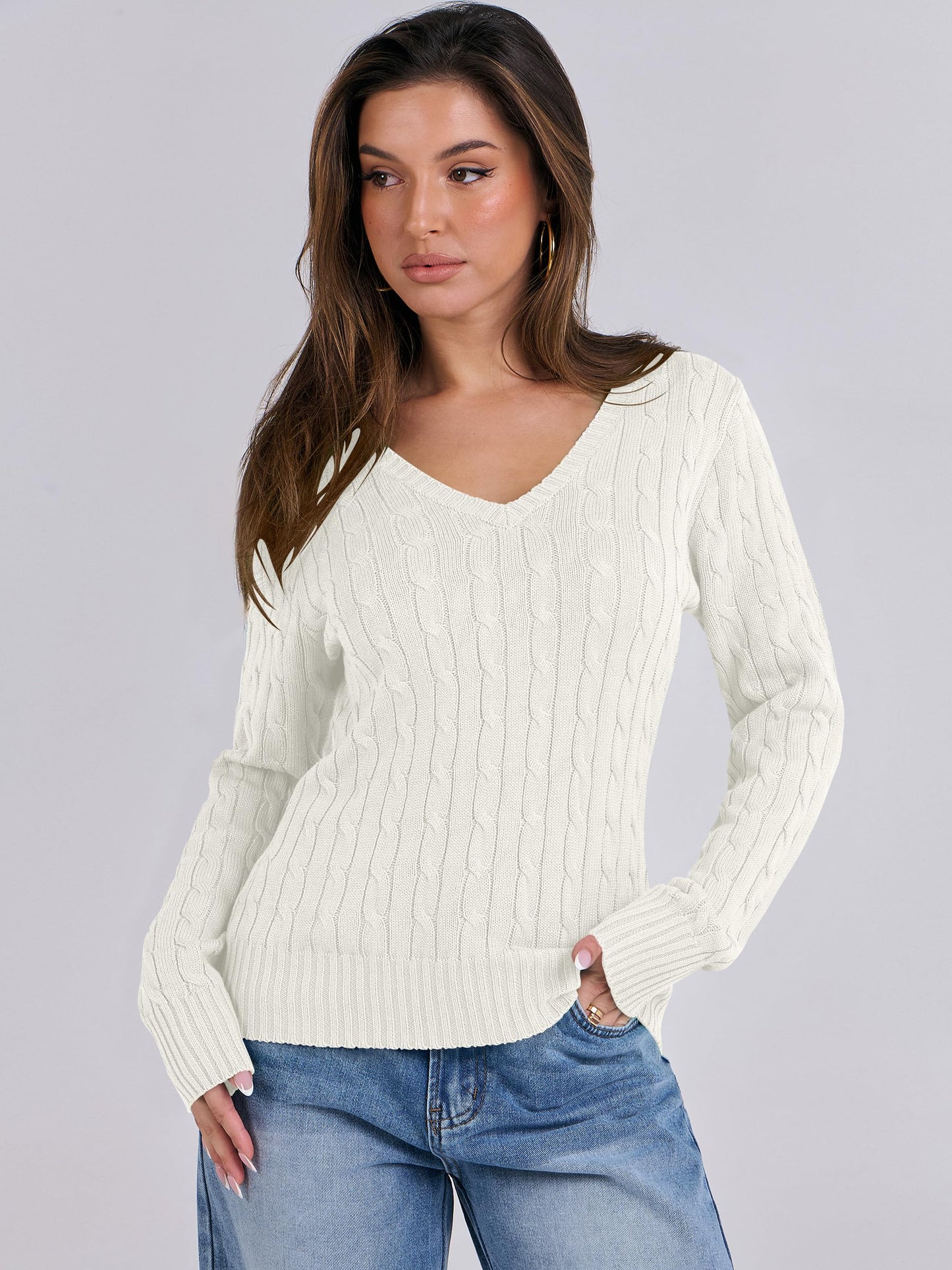 ANRABESS Womens Long Sleeve Cable Knit Sweater 2025 Fall Fashion V Neck Fitted Pullover Top Business Casual Work Fall Outfits