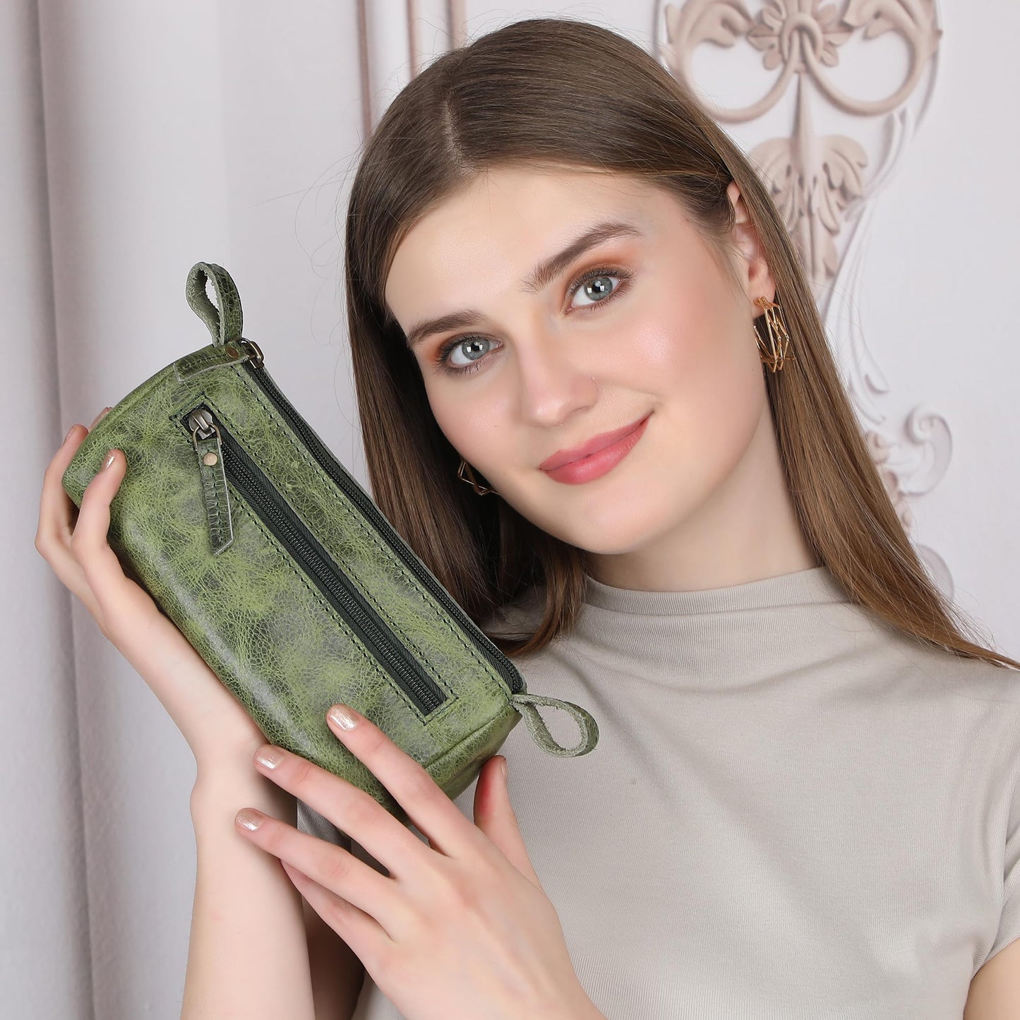 TheAntiq Leather Makeup Bag for Women – Genuine Leather Cosmetic Bag Travel, Handmade Zippered Makeup Pouch, Small Toiletry Bag, Shaving Kit & Stationery Organizer- Forest Green
