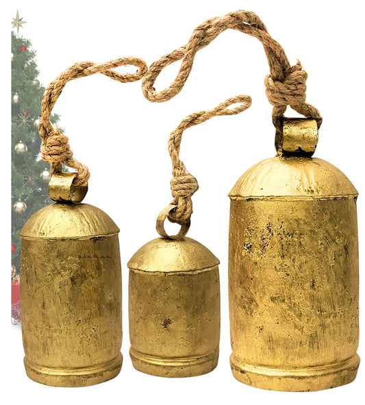 Decorative Cow Bells Set of 3 Large Harmony Bells - Vintage Giant Christmas Bells, Country Rustic Cowbell on Jute Rope XL Hanging Lucky Golden Bells (4"-6"-8")