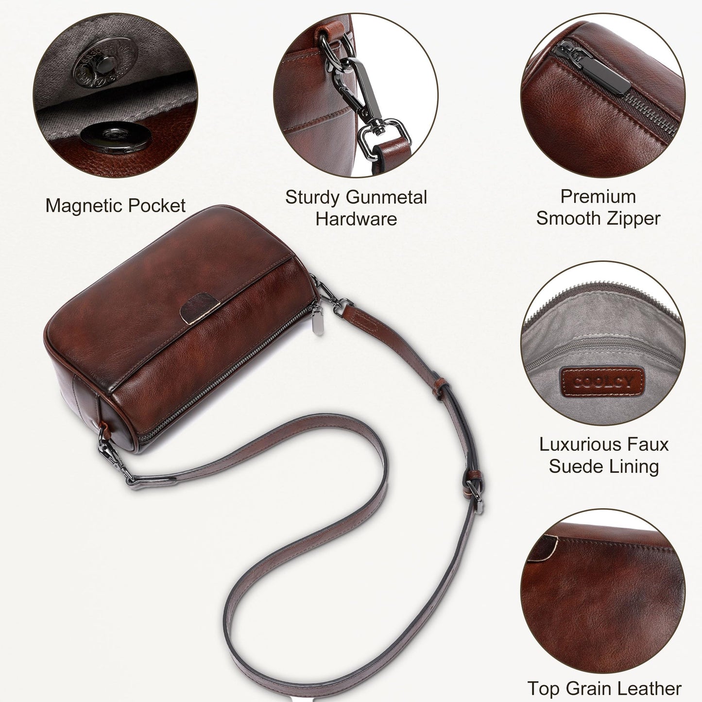 Genuine Leather Crossbody Purses Bag for Women,Travel Casual Handbag Bag, Small Shoulder Cross body Purse with Two Adjustable Straps (Coffee)