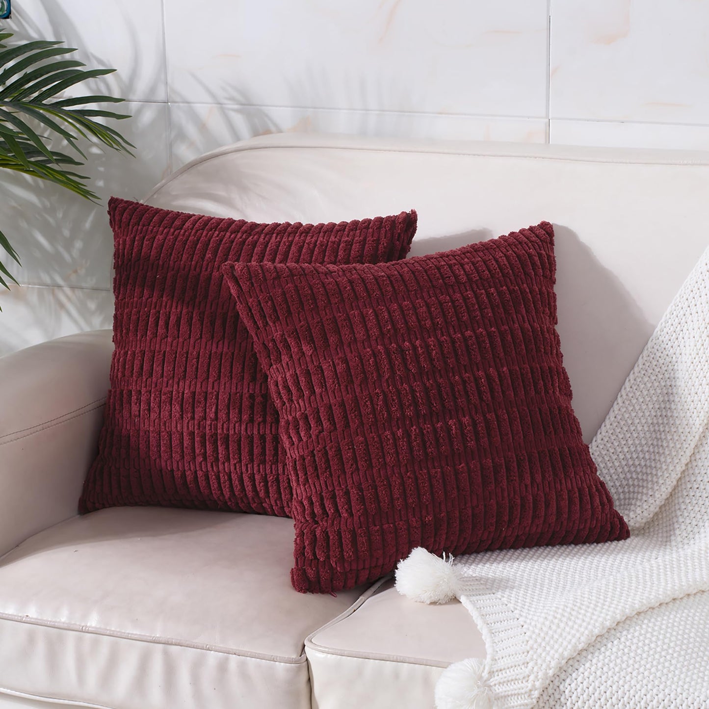 Smile of hope Pack of 2 Burgundy Corduroy Decorative Pillow Covers 18x18 Inch Soft Striped Boho Throw Pillow Covers Modern Farmhouse Home Decor for Sofa Living Room Couch Bed
