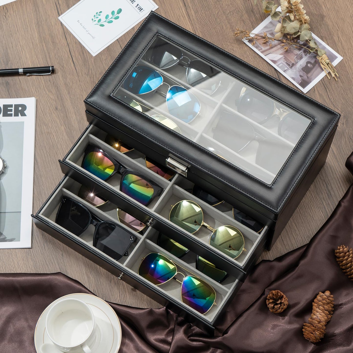 ProCase 3-layer Sunglasses Storage Organizer, 18 Slots Leather Sunglass Box Multiple Pairs Eyeglass Cases Eye Glass Eyewear Display Holder for Men Women, Valentine's Day Gift -Black