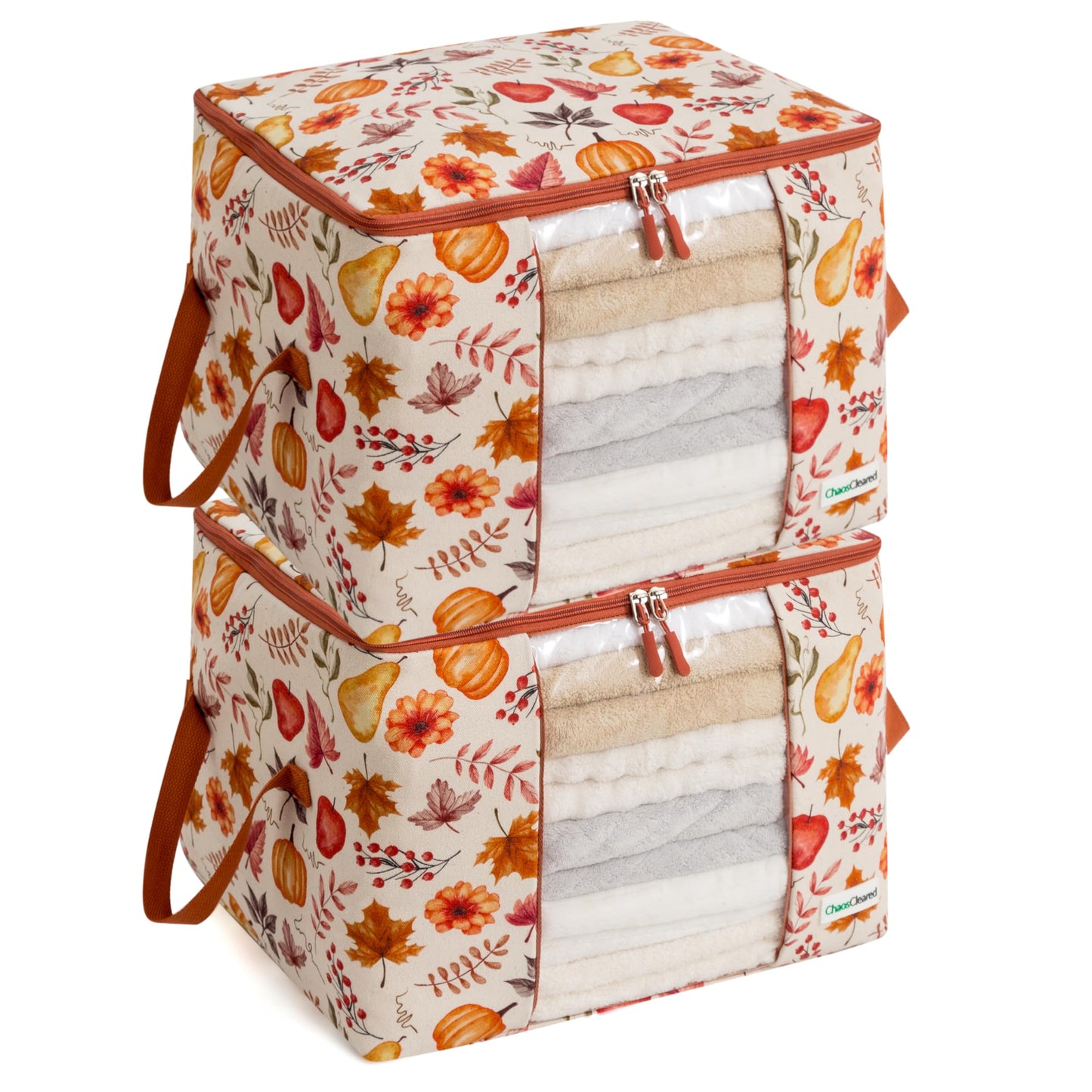 Chaos Cleared Canvas Storage Bags Designer Organizer 2 Pack – Seasonal Storage for Sweaters, Blankets, Linens & Garments – Foldable Design with Zip & Window (Autumn Print)