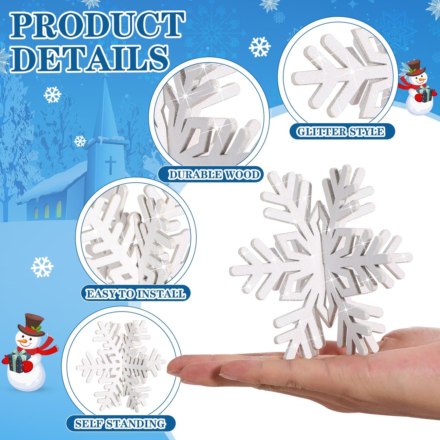 Sawysine 16 Pcs Glitter Wooden 3D Snowflake Decor Christmas Table Decorations Snowflake Signs Winter Wooden Xmas Standing Centerpiece Fireplace Decoration for Winter Holiday(White)