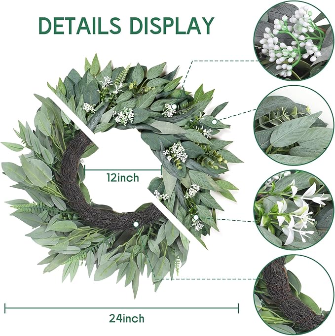 24" Wreaths Front Door Artificial Spring Wreath - Artificial Floral Lush Summer Wreath with A Hook & DIY Decor Green Year-Round Indoor Outdoor for Wall, Home, Wedding, Party, Christmas (Green)