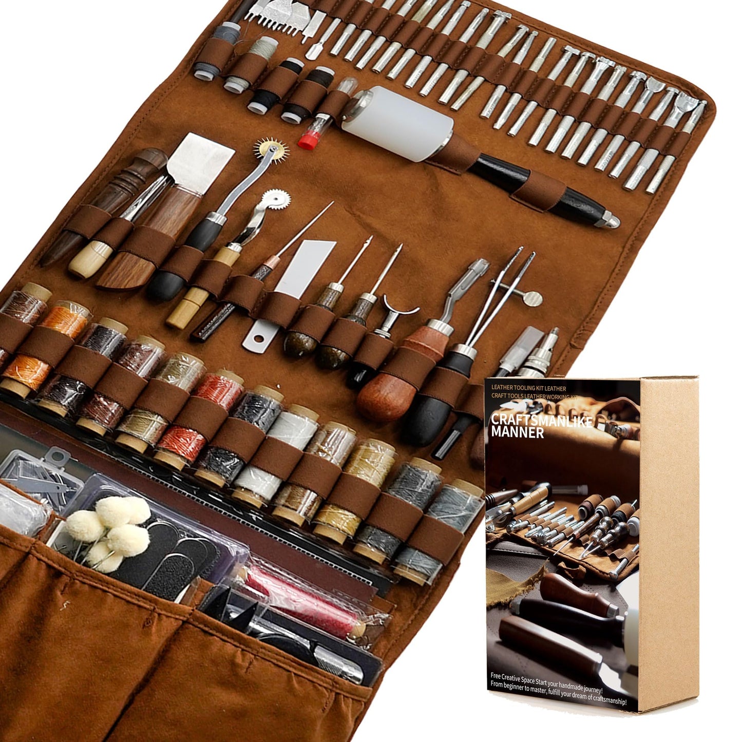 FIOQE Leather Tooling Kit Leather Craft Tools Leatherworking Kit 588Pcs DIY Set with Handbag for Bag Belt Wallet Engraving Punching Sewing Stamping Tools Professional