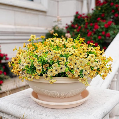 Outdoor Artificial Flowers, 8 Bundles Fake Flowers Autumn Decoration, No Fade Faux Plastic Shrubs for Garden Patio Porch Window Box Fall Decor (Yellow)