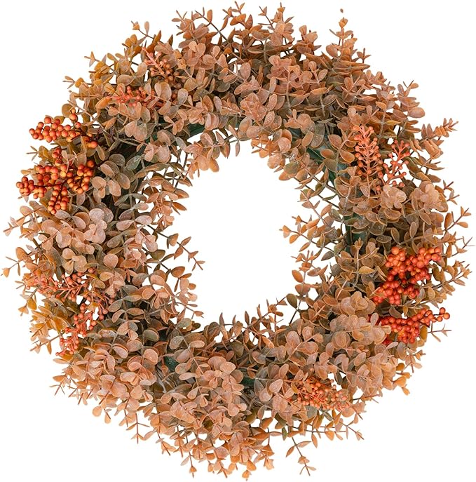 Eucalyptus Fall Wreaths for Front Door 15", Handmade Fall Leaves Wreath for Autumn, Floral Farmhouse Wreath for Wall and Outside Indoors