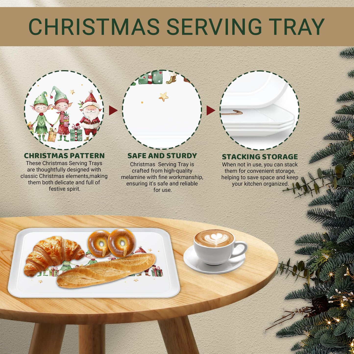 Jrusmr 4-Piece Christmas Serving Tray Set, 15 x 11 Inch Reusable Melamine Platters with Festive Elf Cartoon Designs, Rectangular Holiday Trays for Snacks, Fruits, Desserts & Candy