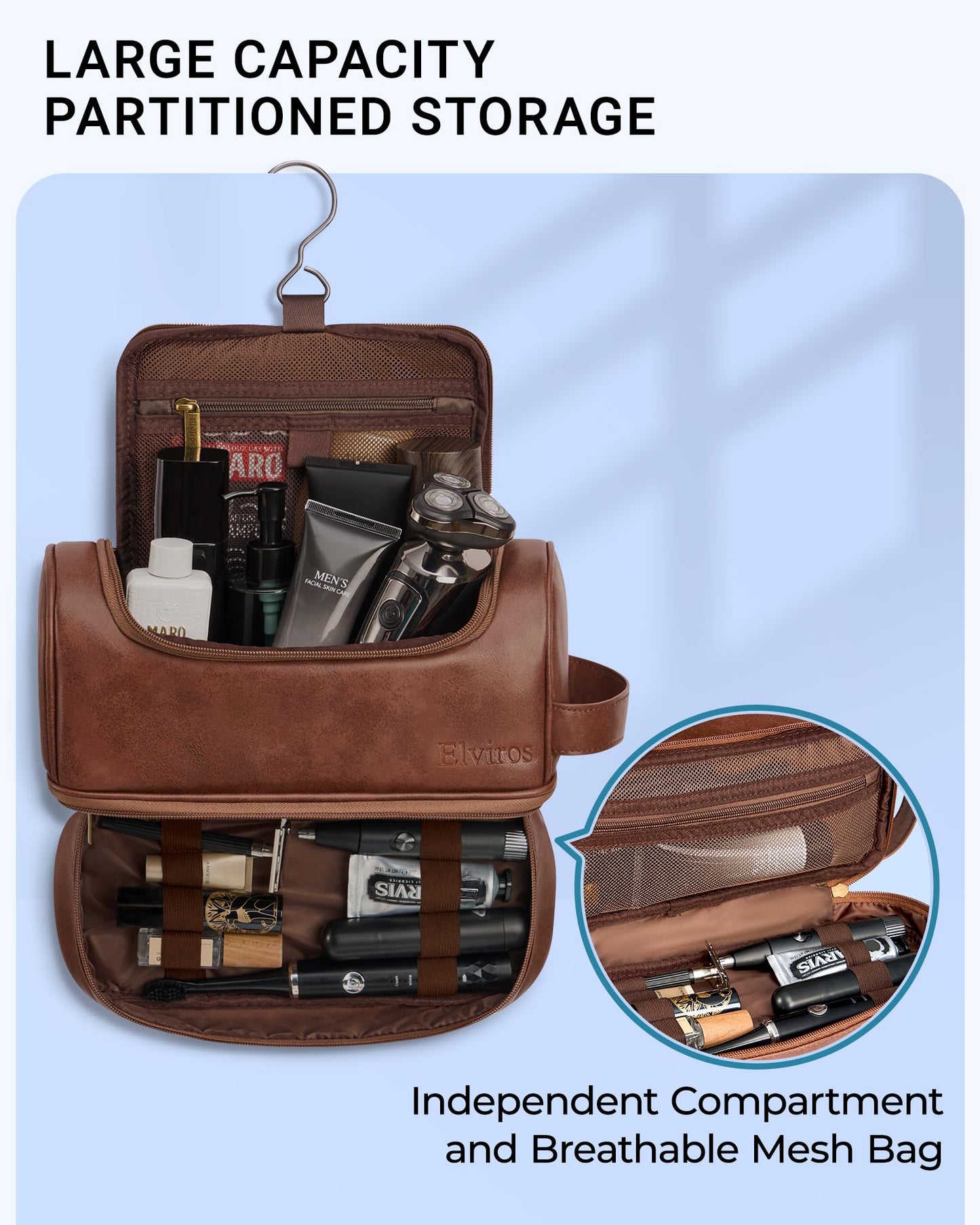 Elviros Toiletry Bag for Mens PU Leather Travel Organizer Kit with Hanging hook, Large Water-resistant Toiletries Bathroom Shaving Bag, Gift For Men (Dark Brown)