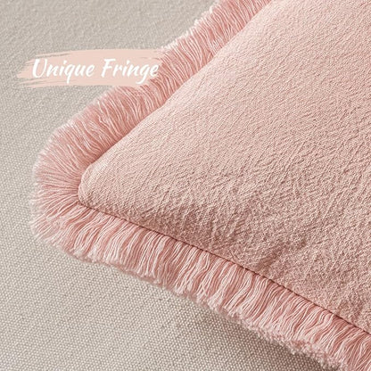 MIULEE Decorative Throw Pillow Covers Neutral Linen Fringe Throw Pillows Set of 2 Pink Boho Farmhouse Cushion Covers with Tassels for Couch Sofa Bed Living Room Spring Home Decor 18x18 Inch