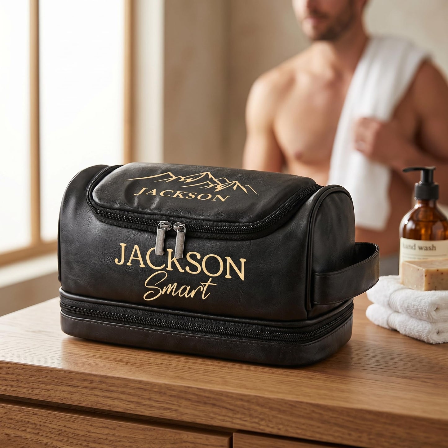 ENQU Personalized Toiletry Bag for Men, Father Day Gifts for Dads, Gifts for Men, Custom Large Leather Travel Toiletry Bag, Graduation Gifts for Men Him, Groomsmen, Birthday, Anniversary, Christmas