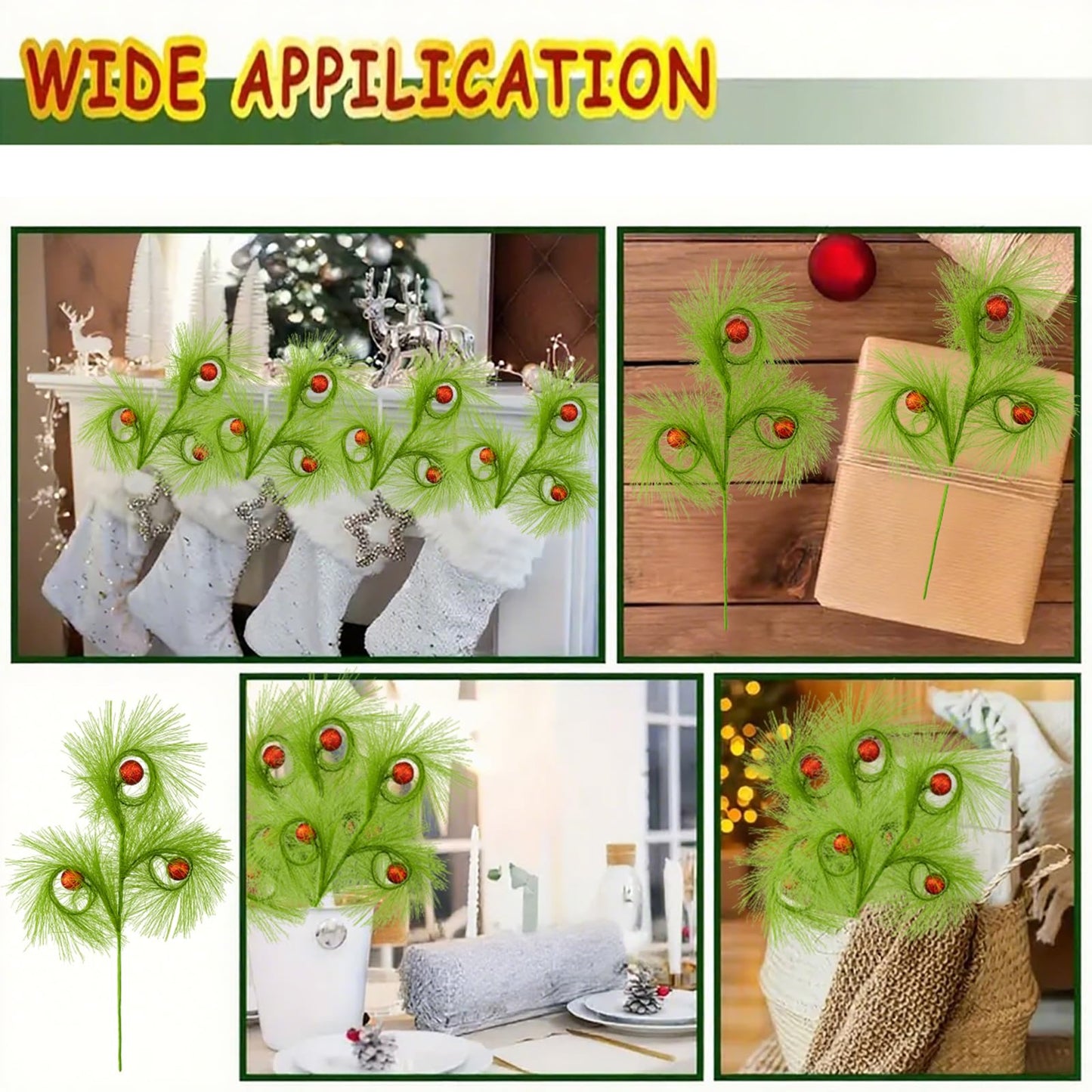 6 PCS 17" Christmas Tree Topper Christmas Floral Picks with 3 Red Ball,Xmas Artificial Flowers Wreath Green Stems,DIY Xmas Ornaments Crafts Winter Christmas Decorations Gift Wrapping