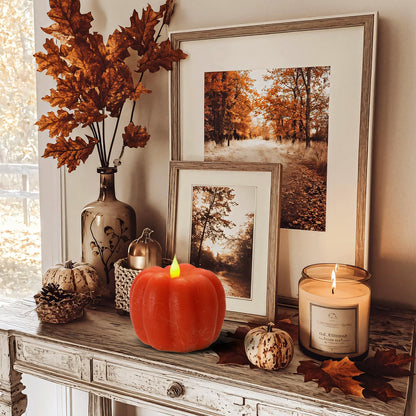 Fall Decor Pumpkin Flameless Candles - Battery Powered LED Pumpkin Flickering Candle with Timer Remote Control, Thanksgiving Gifts, Autumn Farmhouse Rustic Harvest Decor for Indoor (Orange)