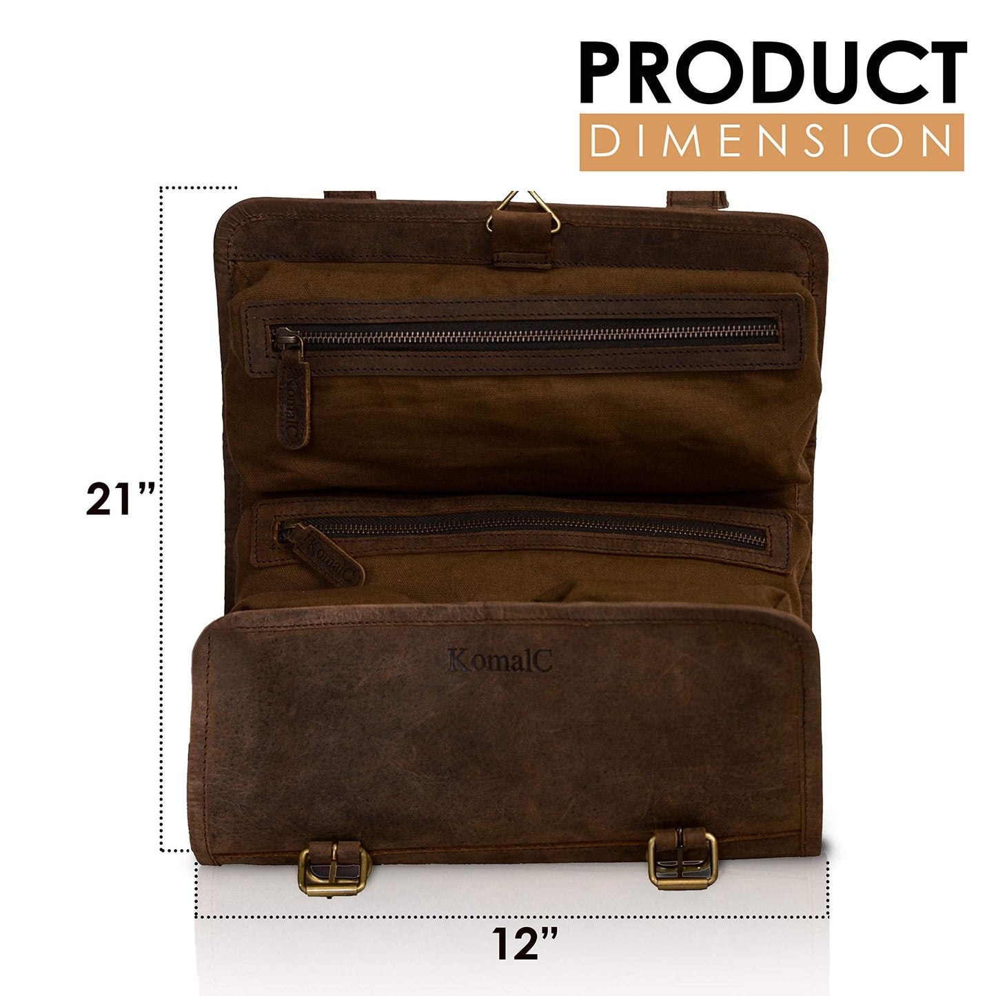 KomalC Premium Buffalo Leather Hanging Toiletry Bag Travel Dopp Kit (Distressed Tan)