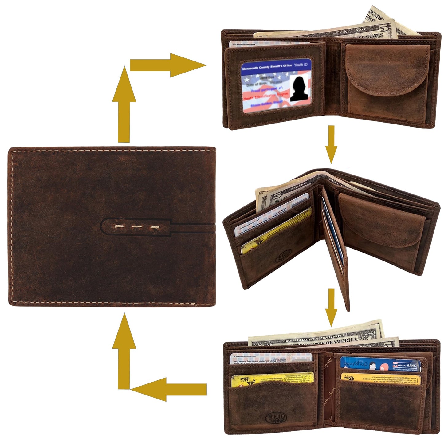 RUSTIC TOWN Full Grain Leather Wallet for Men | RFID Protecting | Handmade Vintage Bifold Travel Wallet | Slim Billfold with Credit Card Slots and Coin Pocket | Gift for Him