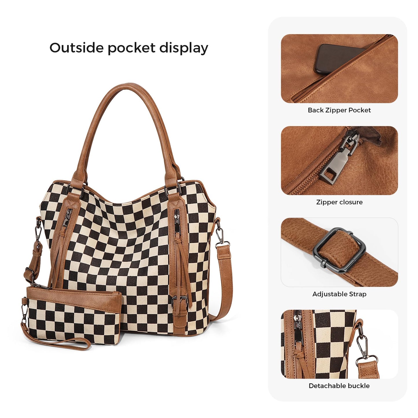 Duyijiff Checkered Tote Bag Large Checkered Purses for Women Plaid Hobo Shoulder Bag Multiple Pockets Tote Handbags (Brown)