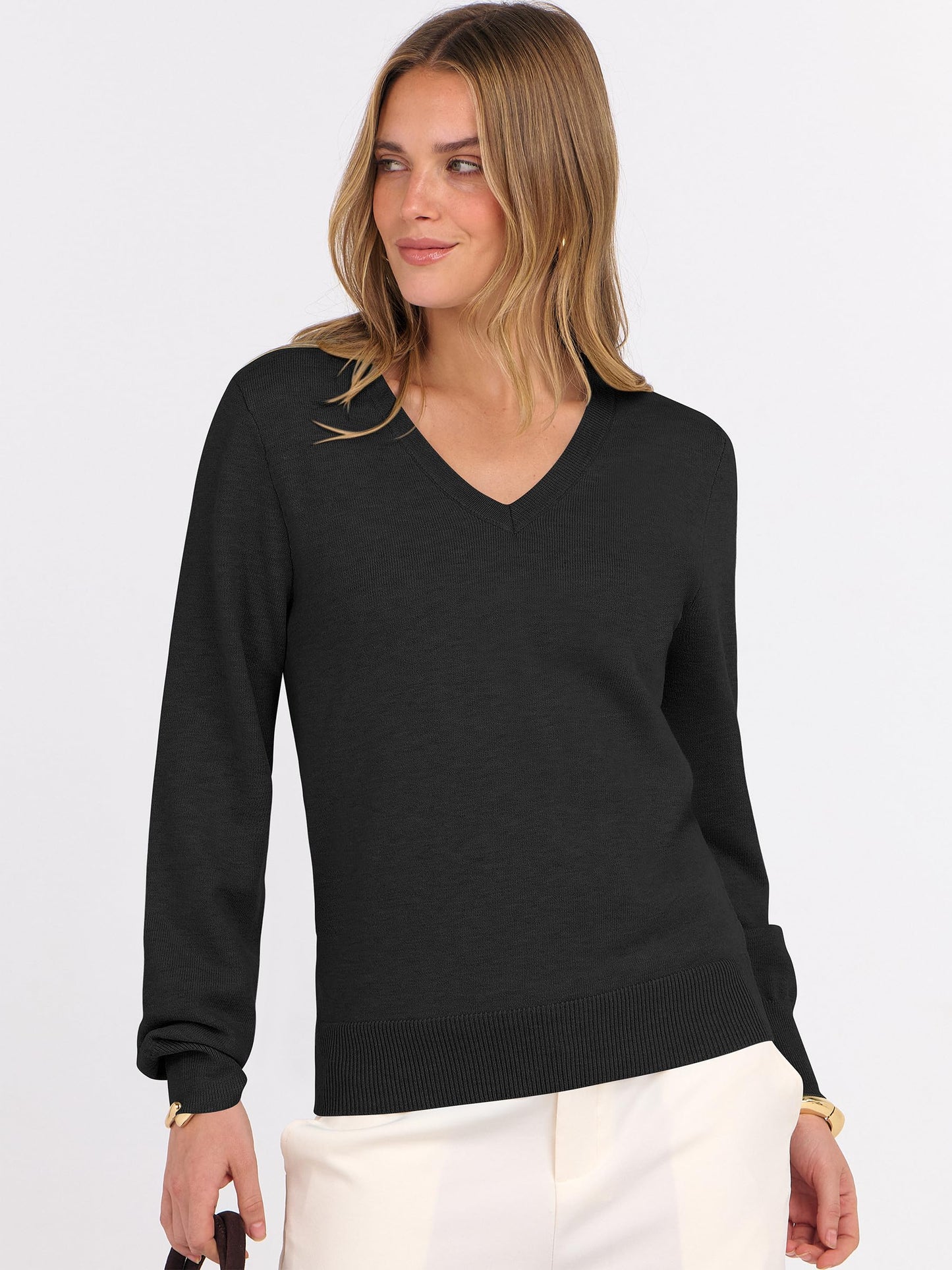 ANRABESS Womens Long Sleeve V Neck Sweaters 2025 Fall Casual Classic Soft Loose Fit Basic Pullover Jumper Top