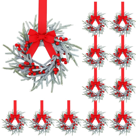 Giegxin 24 Pcs Vintage Small Christmas Wreath for Cabinet Mini Kitchen Wreath with Red Berry Realistic Norfolk Farmhouse Decoration for Xmas Window Indoor Chair Fireplace Porch Candle Decor (No Bows)