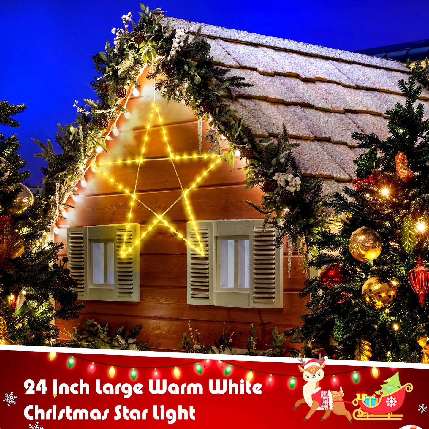 Retisee 32 Inch Large Lighted Christmas Star Warm White LED Xmas Outdoor Light up Star Motif for the Top Wall Hanging Christmas Home Indoor Outdoor Patio Porch Party Holiday Decor