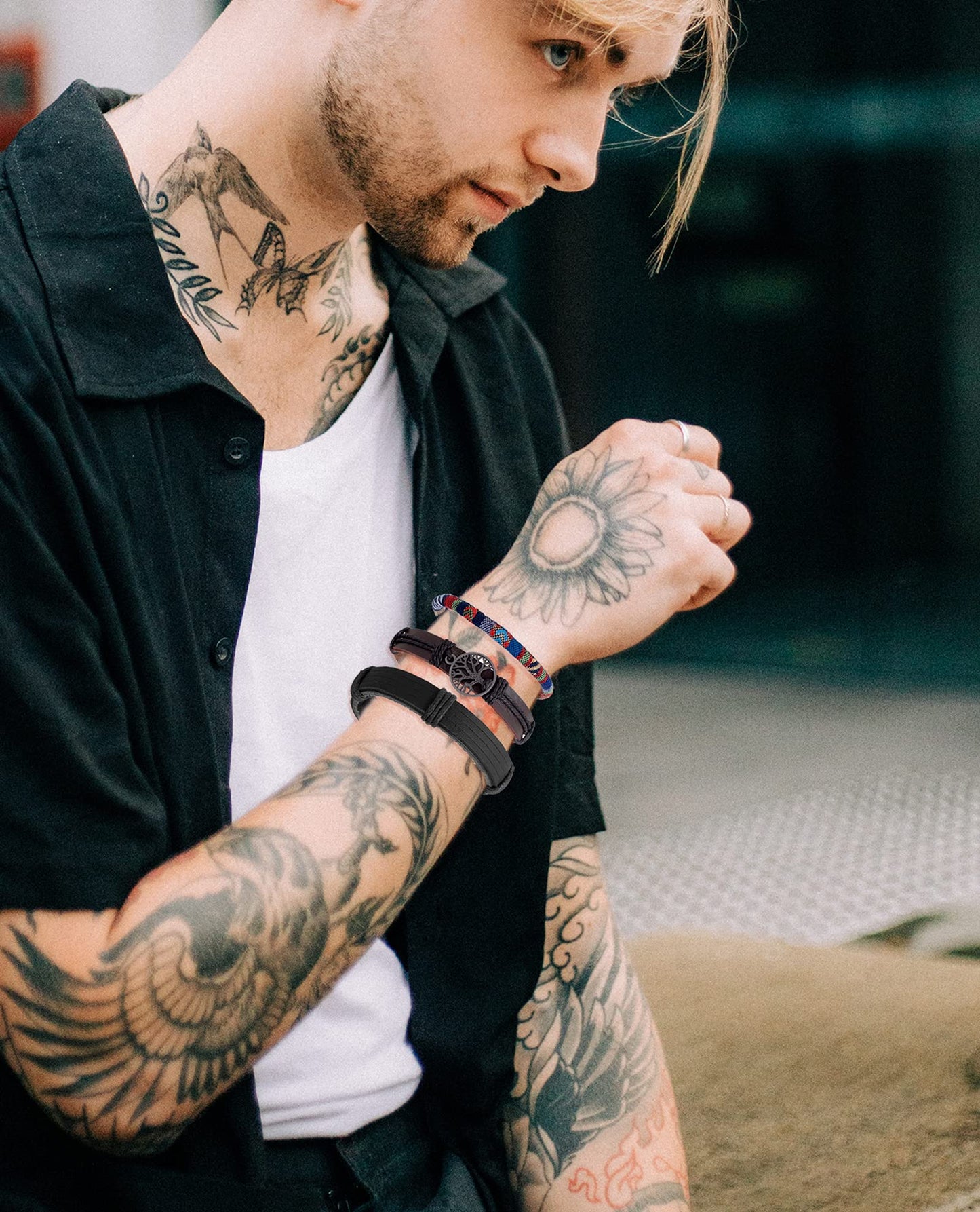 Tornito 15Pcs Braided Leather Bracelet String Wood Bead Woven Ethnic Boho Cuff Wrap Stretch Wristbands Bracelets Set for Men Women Size Adjustable