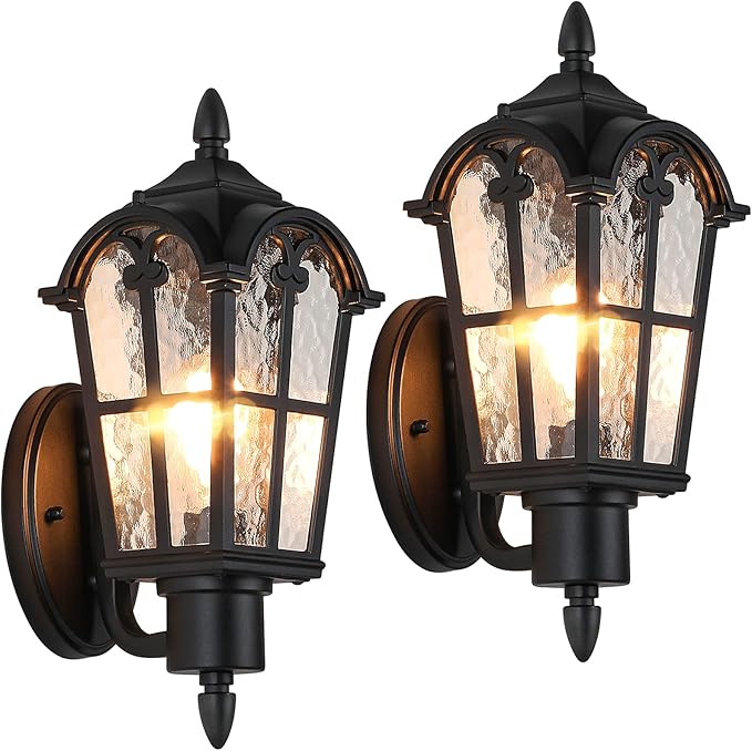Sucolite Outdoor Wall Light Fixtures Wall Mounted, Exterior Waterproof Porch Lights Wall Lanterns, Outside Wall Sconces with Water Ripple Glass for House Front Door Garage, Retro Vintage Style, 2 Pack