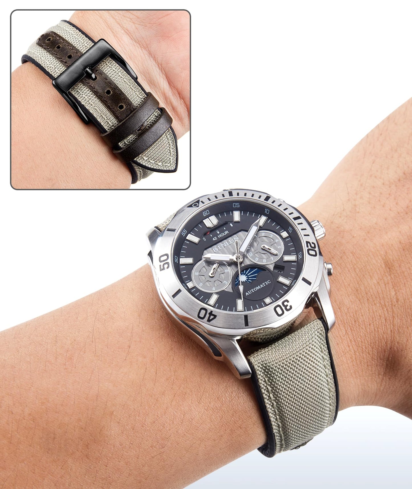 BINLUN Nylon Silicone Watch Bands 18mm 19mm 20mm 21mm 22mm Quick Release Canvas Rubber Hybrid Watch Strap Replacement Watchband for Men Women 9 Colors Silver/Black Buckle(Khaki-Black,20mm)