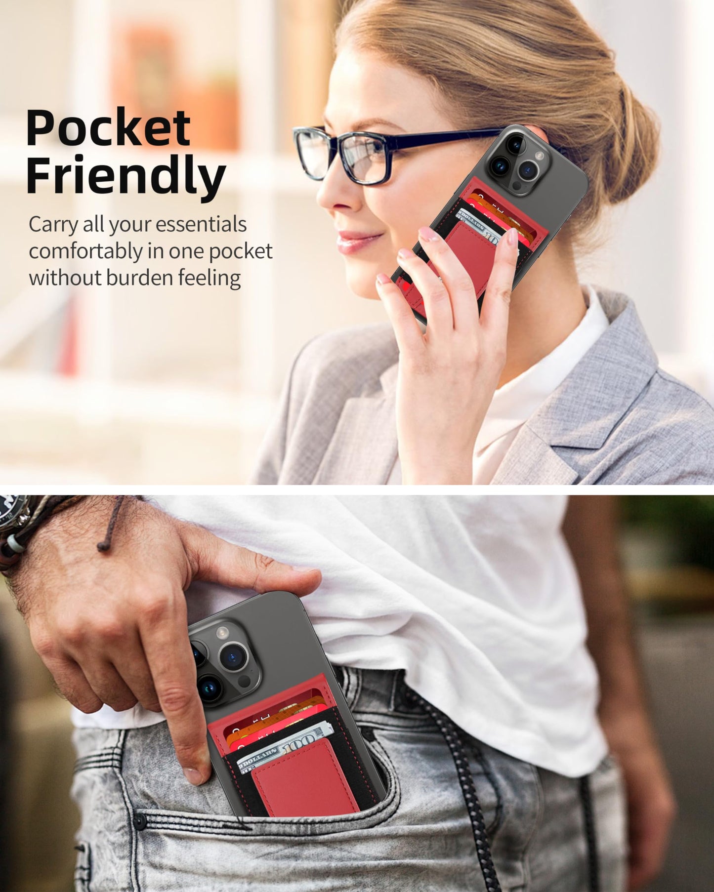 For Magsafe Wallet Stand, Strongest Magnetic Wallet for iPhone 17/16/15/14/13/12 Series, Magnetic Card Holder with Adjustable Stand, ID Window, 10 Cards Holder, Vegan Leather, RFID Blocking, Red