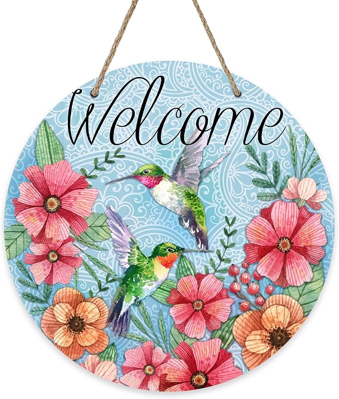 Deroro Welcome Spring Hummingbird Birds Sign for Front Door Decor, Floral Flowers Wood Door Hanger for Outdoor Outside Porch, Seasonal Summer Farmhouse Wooden Wreath Indoor Wall Hanging Decoration